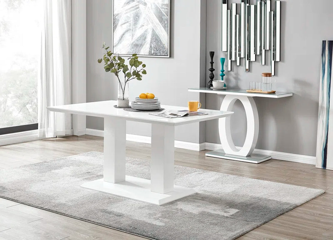 Edzard Double Pedestal High Gloss Dining Table Set with 6 Soft Touch Faux Leather Dining Chairs