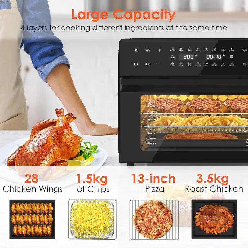 30L Air Fryer Oven Xxl with Rotisserie, Mini Oven with 20 Programs and 9 Accessories, Air Fryer Oven with Led Touchscreen, Stainless Steel Liner Oven, Double-Layered Door, Recipe Book