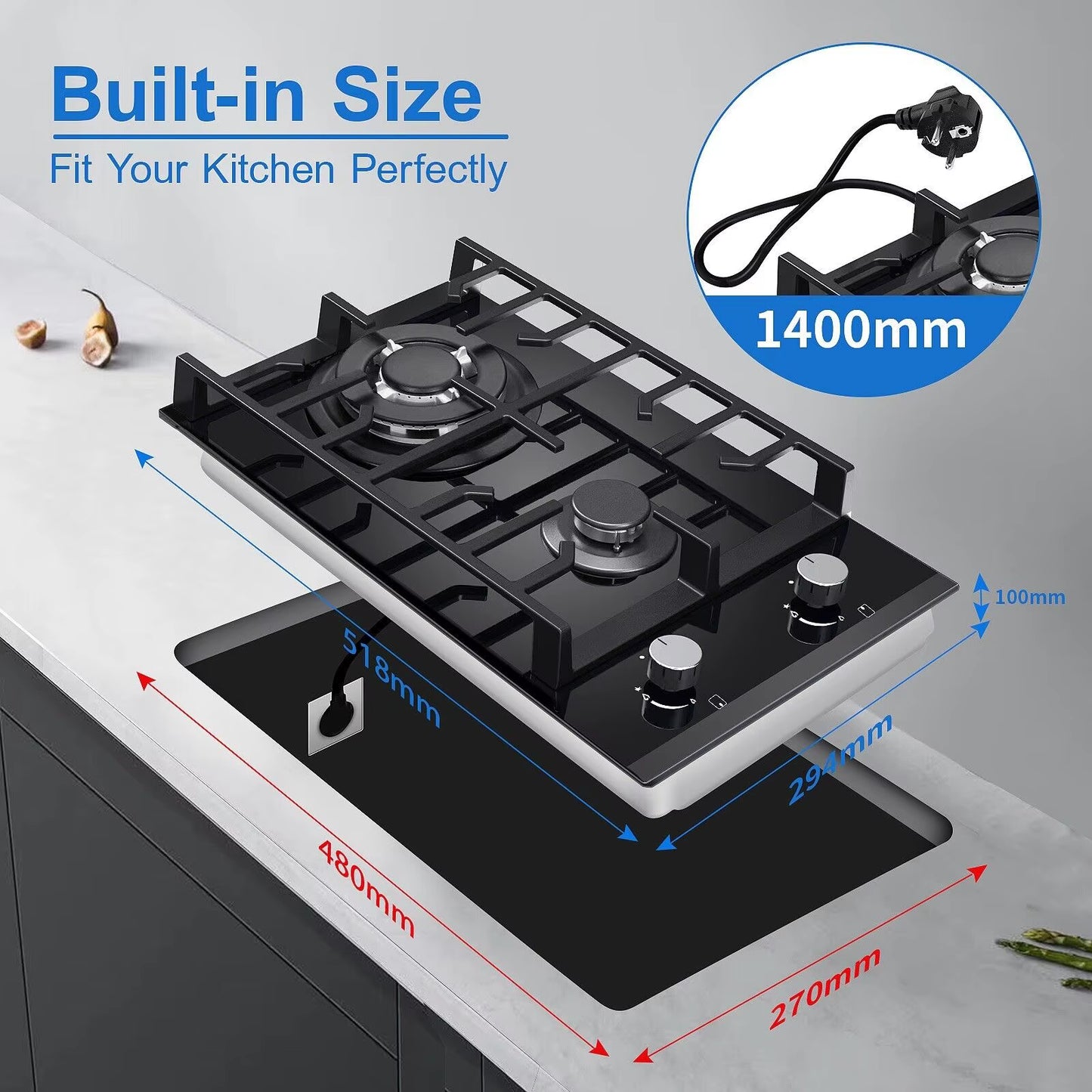 2 Burners 30Cm Kitchen Built in Tempered Glass NG/LPG Dual Fuel Gas Hob UKGCT-B02