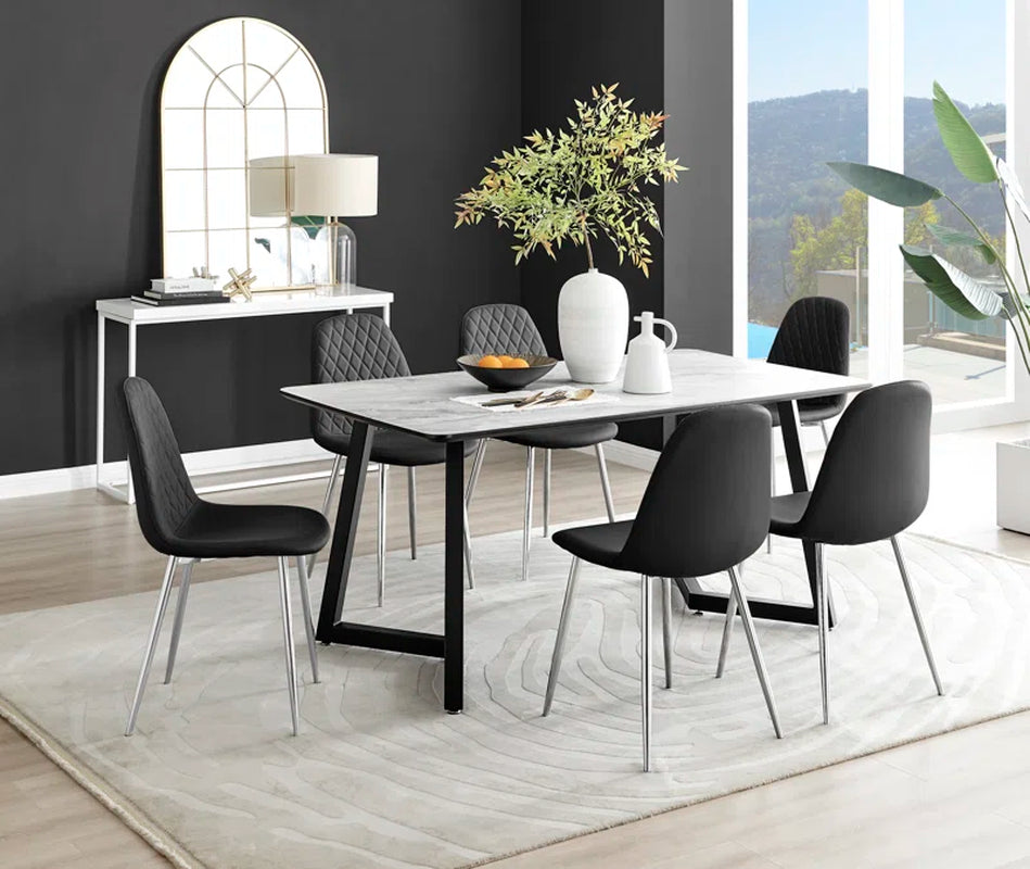 Industrial Design White & Grey Marble Effect Melamine Dining Table Set with 6 Faux Leather Chairs
