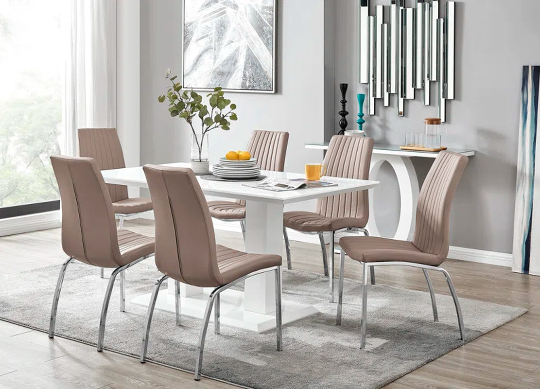 Edzard Double Pedestal High Gloss Dining Table Set with 6 Soft Touch Faux Leather Dining Chairs