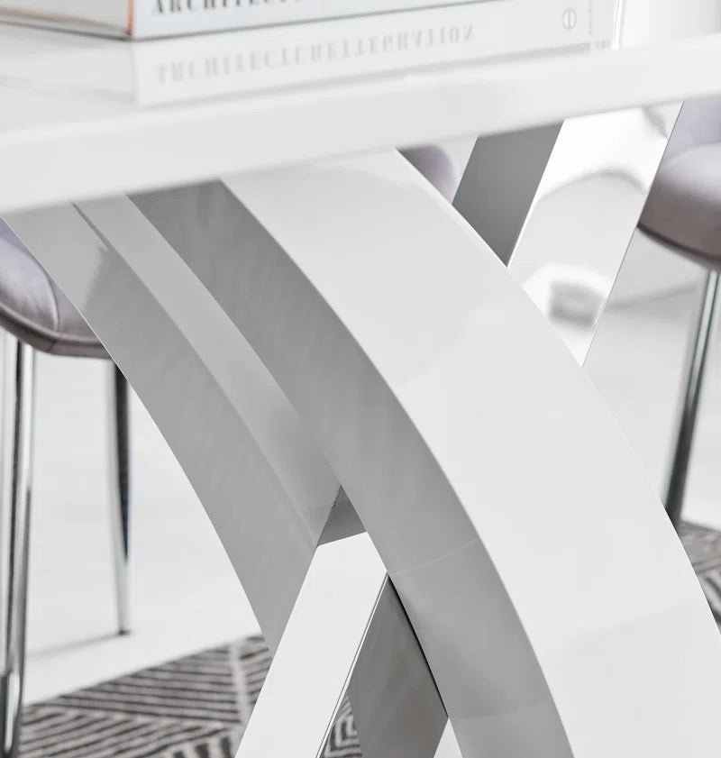 Marietta Chrome Metal and White High Gloss Dining Table Set - 6 Luxury Soft Touch Dining Chairs