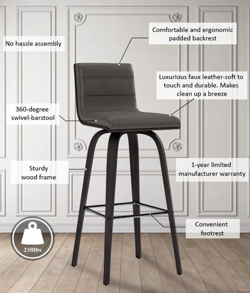Aluin Mid-Century Modern Swivel Counter or Bar Height Bar Stool in Faux Leather and Wood