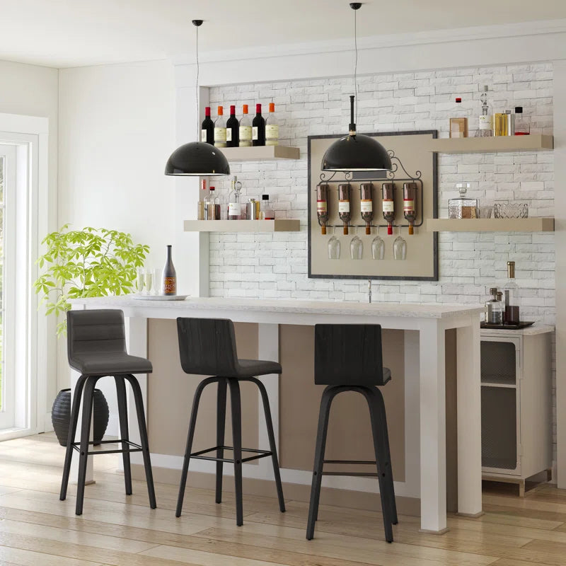 Aluin Mid-Century Modern Swivel Counter or Bar Height Bar Stool in Faux Leather and Wood