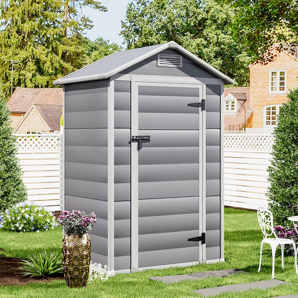 【】Outdoor Storage Shed Kit - Perfect for Storing Patio Furniture, Grey and White