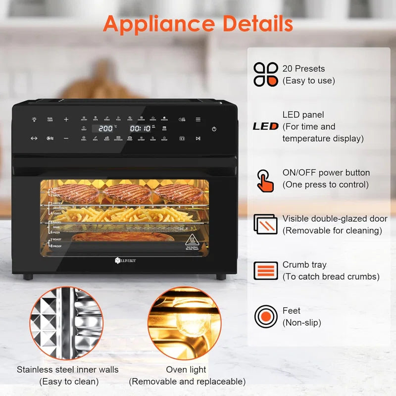 30L Air Fryer Oven Xxl with Rotisserie, Mini Oven with 20 Programs and 9 Accessories, Air Fryer Oven with Led Touchscreen, Stainless Steel Liner Oven, Double-Layered Door, Recipe Book