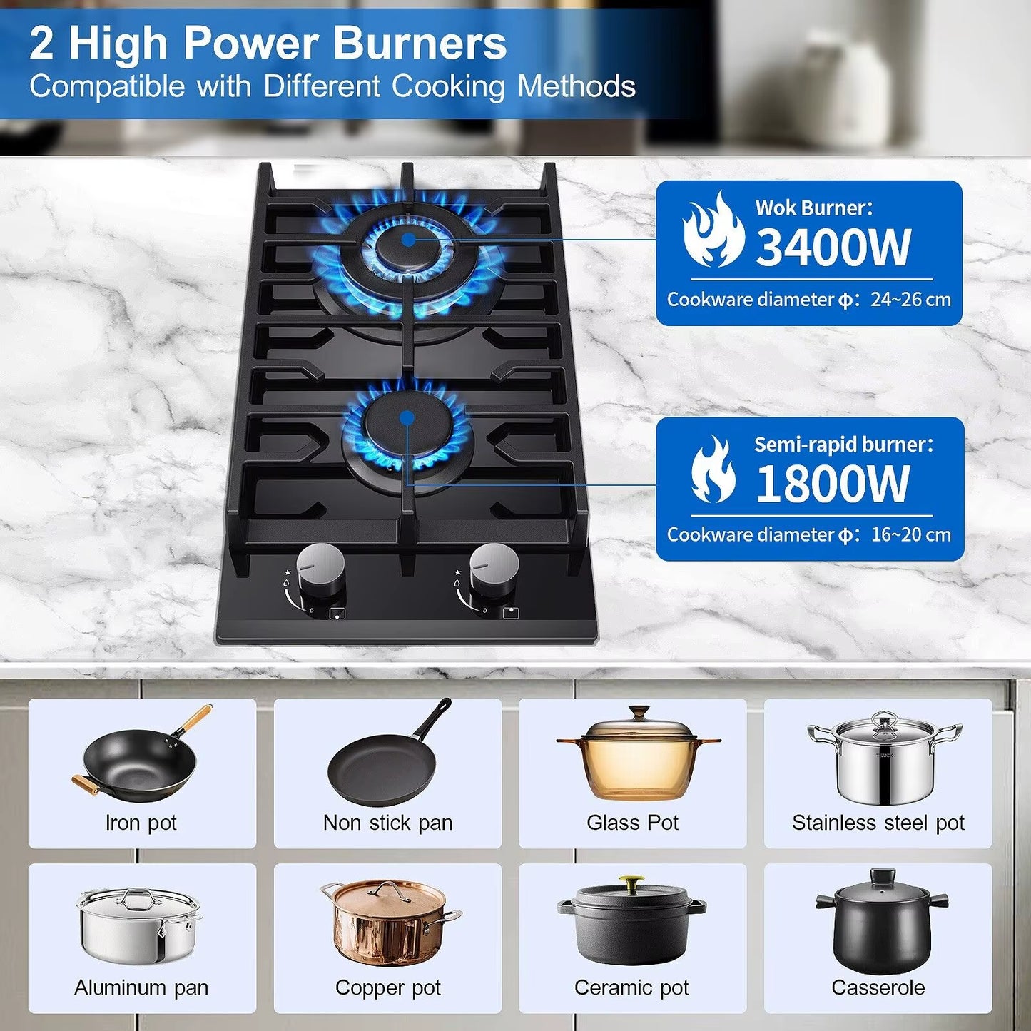 2 Burners 30Cm Kitchen Built in Tempered Glass NG/LPG Dual Fuel Gas Hob UKGCT-B02
