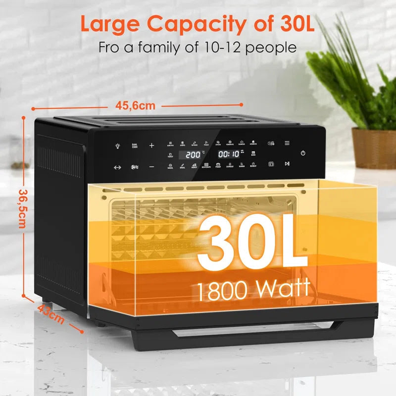 30L Air Fryer Oven Xxl with Rotisserie, Mini Oven with 20 Programs and 9 Accessories, Air Fryer Oven with Led Touchscreen, Stainless Steel Liner Oven, Double-Layered Door, Recipe Book