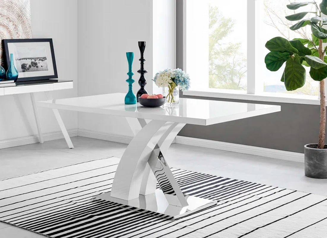Marietta Chrome Metal and White High Gloss Dining Table Set - 6 Luxury Soft Touch Dining Chairs
