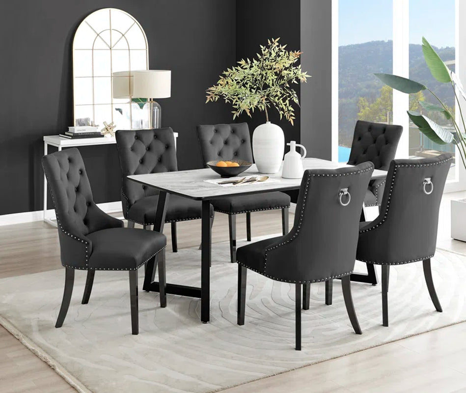 Industrial Design White & Grey Marble Effect Melamine Dining Table Set with 6 Button Velvet Chairs