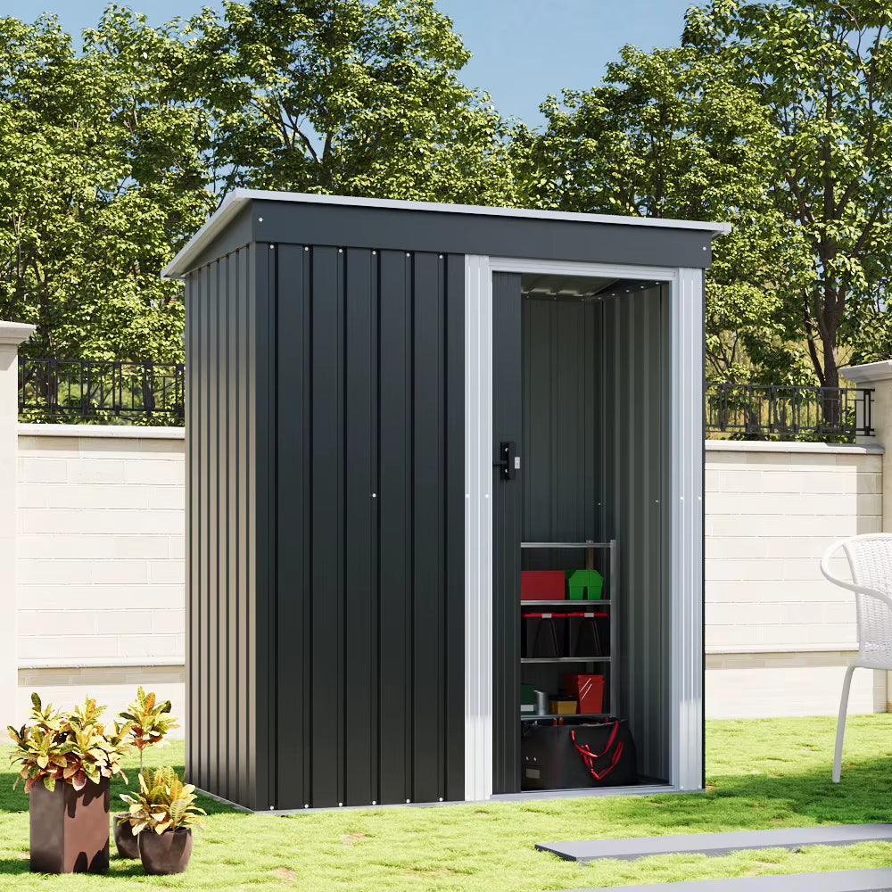 【】Outdoor Water-Resistant Galvanized Steel Storage Shed with Sloping Roof,Lockable Door for Lawn Patio Backyard
