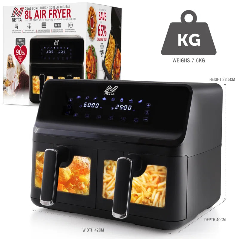 8L Dual Basket Low Energy Air Fryer with Digital Smart Programmes - 2 Large Drawers, 8 Pre-Set Functions, 60 Minute Timer, Xl Family Size Drawer - Black