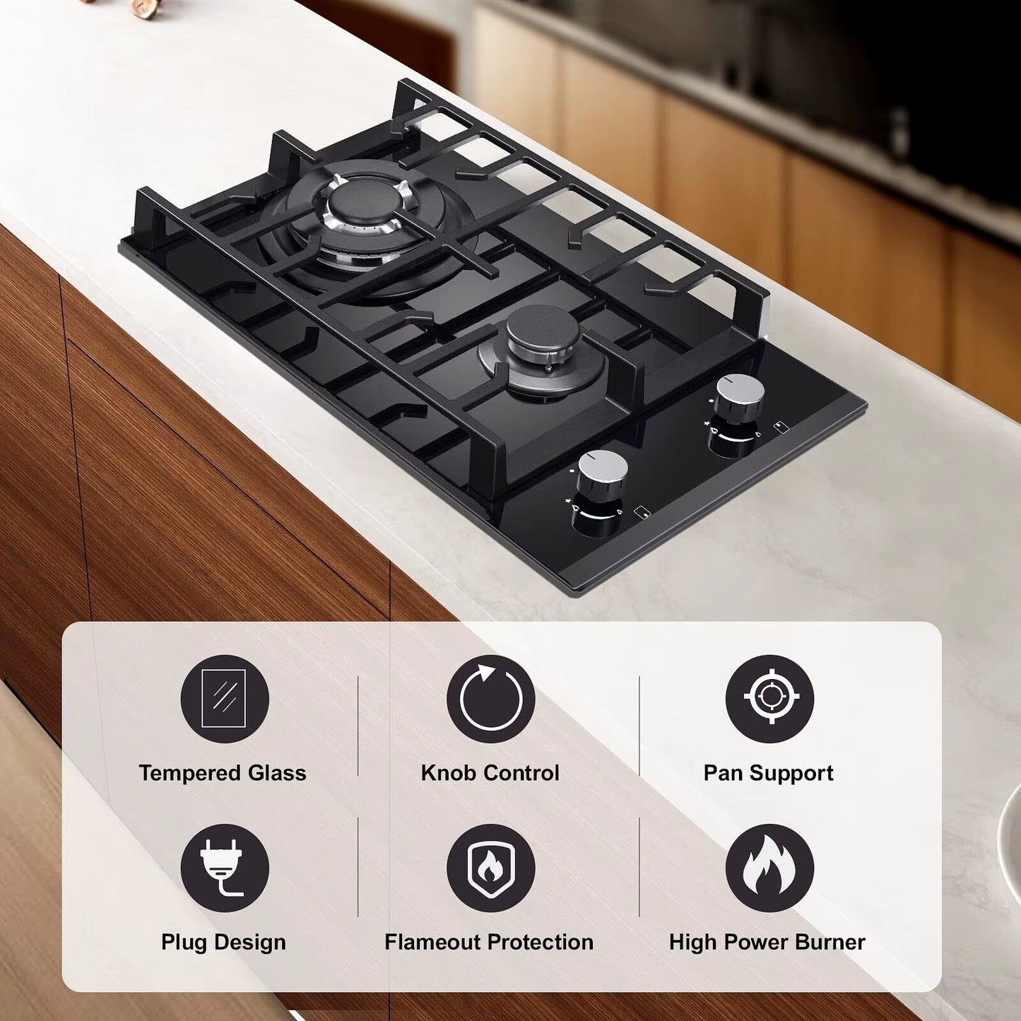 2 Burners 30Cm Kitchen Built in Tempered Glass NG/LPG Dual Fuel Gas Hob UKGCT-B02