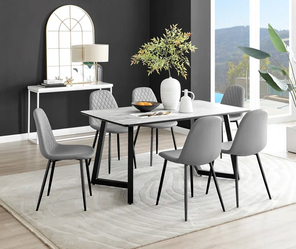 Industrial Design White & Grey Marble Effect Melamine Dining Table Set with 6 Faux Leather Chairs