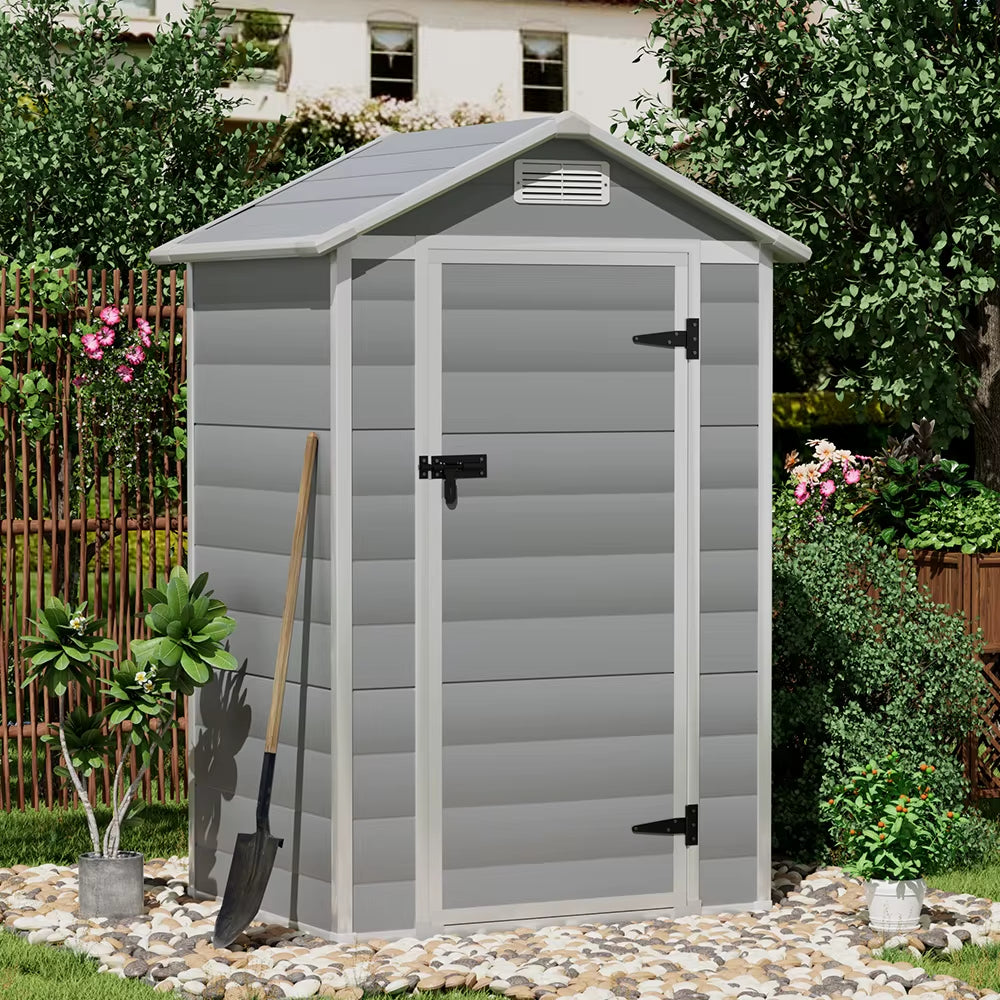 【】Outdoor Storage Shed Kit - Perfect for Storing Patio Furniture, Grey and White