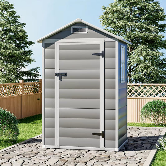【】Outdoor Storage Shed Kit - Perfect for Storing Patio Furniture, Grey and White