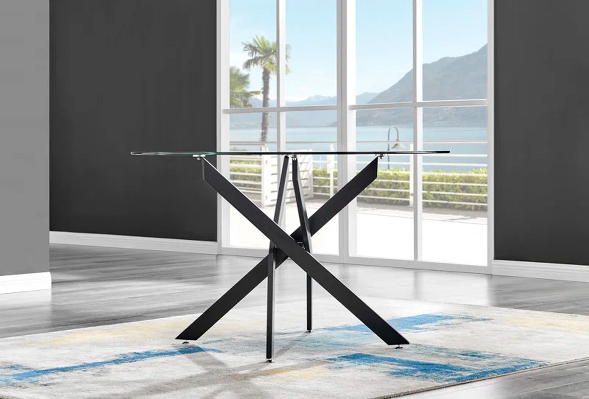 Tierra Modern Chrome Metal & Glass round Dining Table Set with 4 Luxury Upholstered Fabric Chairs