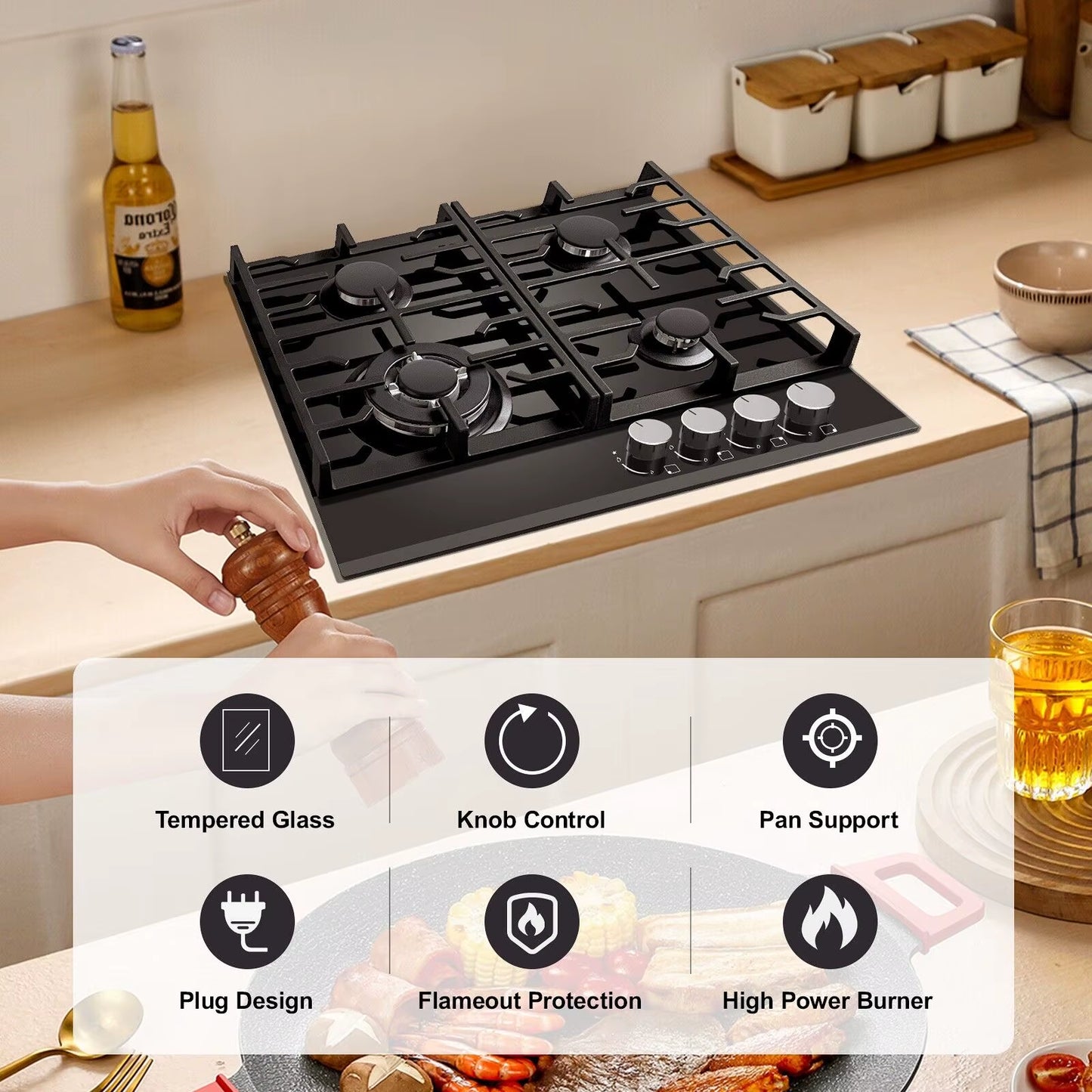 4 Burner 60Cm Kitchen Built in Tempered Glass NG/LPG Convertible Gas Hob UKGCT-B04
