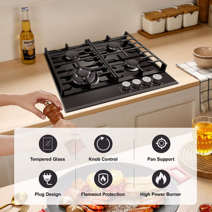 4 Burner 60Cm Kitchen Built in Tempered Glass NG/LPG Convertible Gas Hob UKGCT-B04