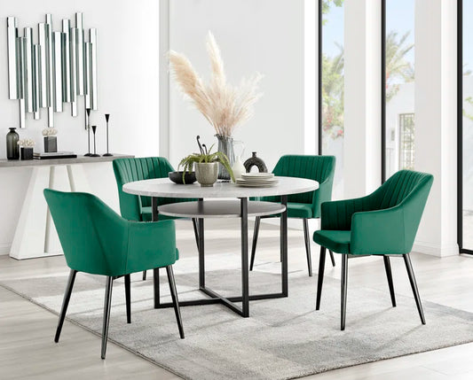 Adler Concrete Effect round Dining Table Set with Shelf & 4 Luxury Modern Velvet Dining Chairs