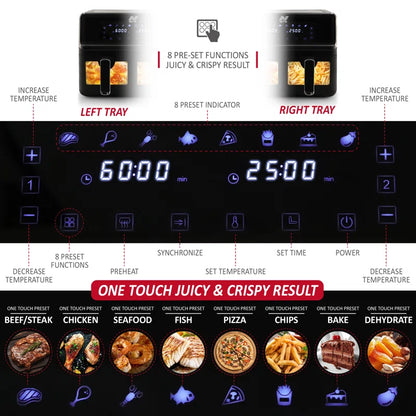 8L Dual Basket Low Energy Air Fryer with Digital Smart Programmes - 2 Large Drawers, 8 Pre-Set Functions, 60 Minute Timer, Xl Family Size Drawer - Black