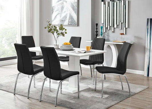 Edzard Double Pedestal High Gloss Dining Table Set with 6 Soft Touch Faux Leather Dining Chairs