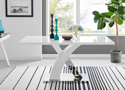 Marietta Chrome Metal and White High Gloss Dining Table Set - 6 Luxury Soft Touch Dining Chairs