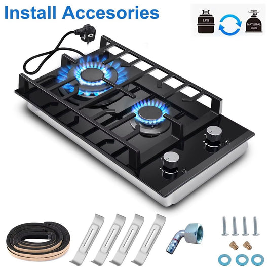 2 Burners 30Cm Kitchen Built in Tempered Glass NG/LPG Dual Fuel Gas Hob UKGCT-B02