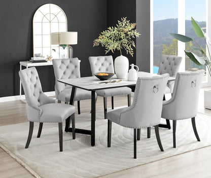 Industrial Design White & Grey Marble Effect Melamine Dining Table Set with 6 Button Velvet Chairs