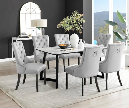 Industrial Design White & Grey Marble Effect Melamine Dining Table Set with 6 Button Velvet Chairs