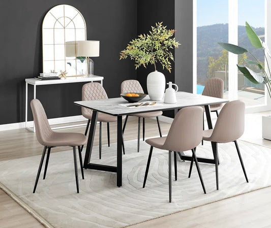 Industrial Design White & Grey Marble Effect Melamine Dining Table Set with 6 Faux Leather Chairs