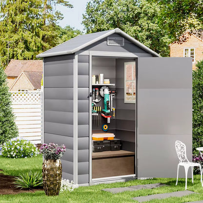 【】Outdoor Storage Shed Kit - Perfect for Storing Patio Furniture, Grey and White