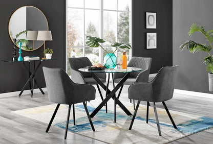 Tierra Modern Chrome Metal & Glass round Dining Table Set with 4 Luxury Upholstered Fabric Chairs
