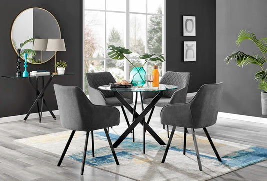 Tierra Modern Chrome Metal & Glass round Dining Table Set with 4 Luxury Upholstered Fabric Chairs
