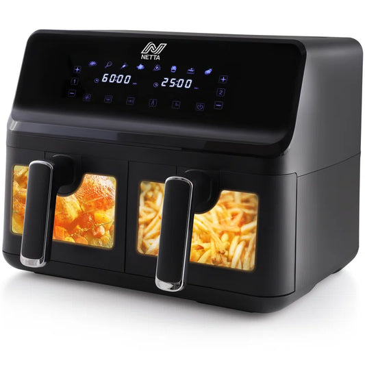 8L Dual Basket Low Energy Air Fryer with Digital Smart Programmes - 2 Large Drawers, 8 Pre-Set Functions, 60 Minute Timer, Xl Family Size Drawer - Black