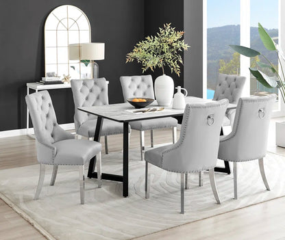 Industrial Design White & Grey Marble Effect Melamine Dining Table Set with 6 Button Velvet Chairs