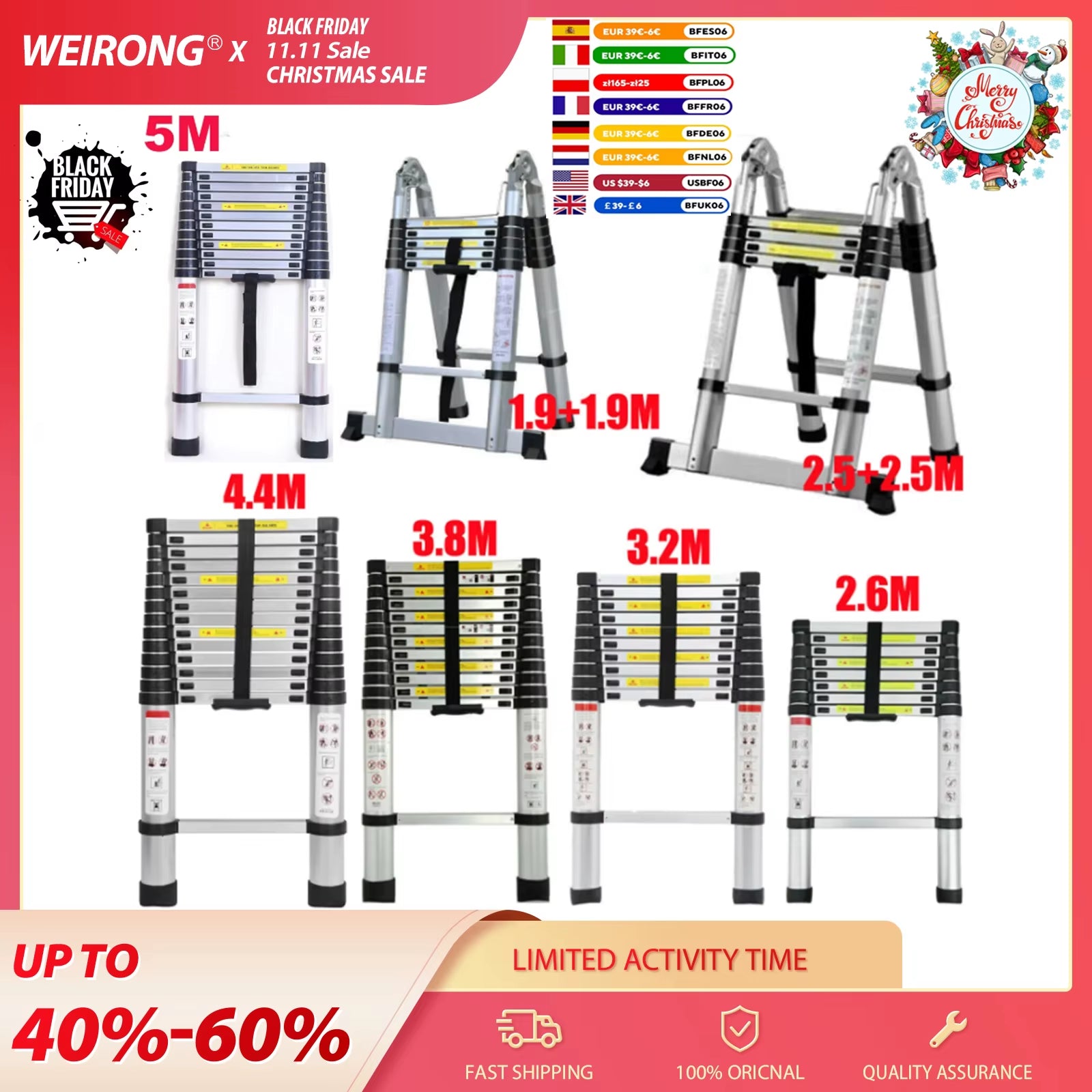 2.6M-5M Telescopic Ladder Sturdy Aluminum Telescoping Extension Ladder 330Lb Max Load EN131 for Household Outdoor Work
