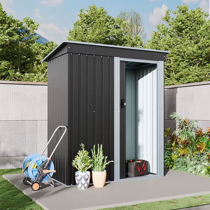 【】Outdoor Water-Resistant Galvanized Steel Storage Shed with Sloping Roof，Lockable Door for Lawn Patio Backyard