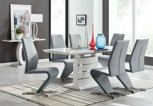 Renne Modern High Gloss Extendable Dining Table Set with 6 Modern Design Faux Leather Dining Chairs