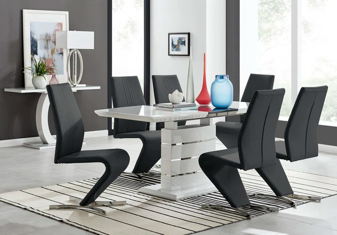 Renne Modern High Gloss Extendable Dining Table Set with 6 Modern Design Faux Leather Dining Chairs