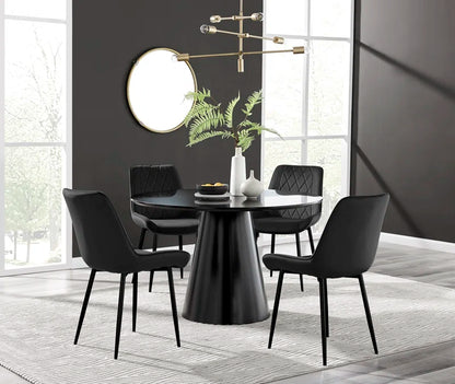 Edzard Statement Pedestal round Dining Table Set in Black & 4 Luxury Velvet Dining Chairs