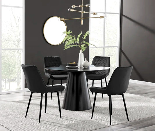 Edzard Statement Pedestal round Dining Table Set in Black & 4 Luxury Velvet Dining Chairs