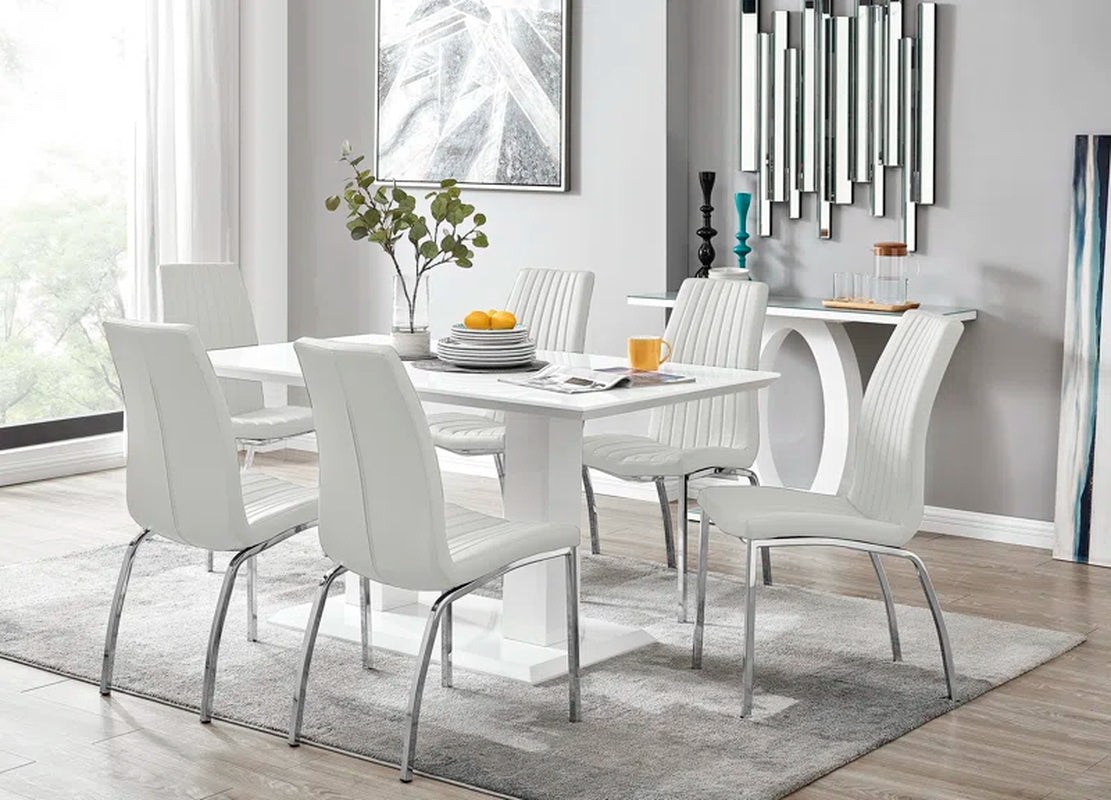 Edzard Double Pedestal High Gloss Dining Table Set with 6 Soft Touch Faux Leather Dining Chairs