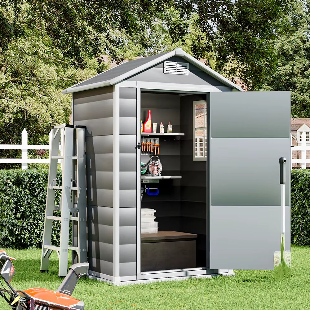 【】Outdoor Storage Shed Kit - Perfect for Storing Patio Furniture, Grey and White