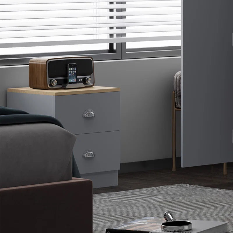 Lyndes 2 Drawer Bedside Table Nightstand Cabinet - Matt Finish, Oak Effect Top. Polished Chrome Cup Handles