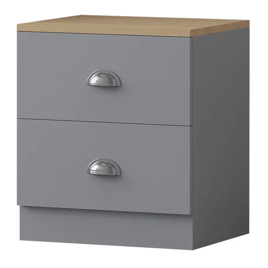 Lyndes 2 Drawer Bedside Table Nightstand Cabinet - Matt Finish, Oak Effect Top. Polished Chrome Cup Handles