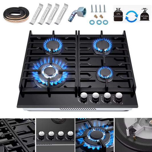 4 Burner 60Cm Kitchen Built in Tempered Glass NG/LPG Convertible Gas Hob UKGCT-B04