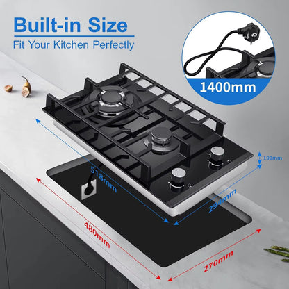 2 Burners 30Cm Kitchen Built in Tempered Glass NG/LPG Dual Fuel Gas Hob UKGCT-B02