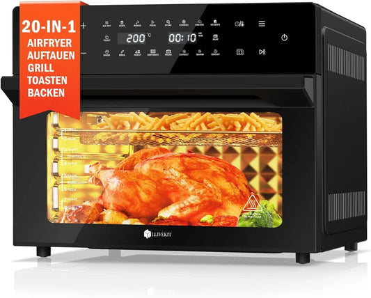 30L Air Fryer Oven Xxl with Rotisserie, Mini Oven with 20 Programs and 9 Accessories, Air Fryer Oven with Led Touchscreen, Stainless Steel Liner Oven, Double-Layered Door, Recipe Book