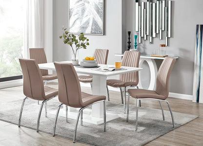 Edzard Double Pedestal High Gloss Dining Table Set with 6 Soft Touch Faux Leather Dining Chairs